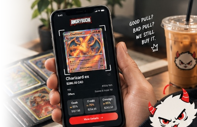 AngryBuchi App - Card Valuation showing market value and payout options