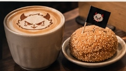 AngryBuchi latte art and cookies on a café table